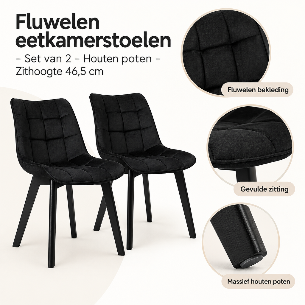 Detail van materiaal en afwerking van fluwelen eetkamerstoelen set van 2