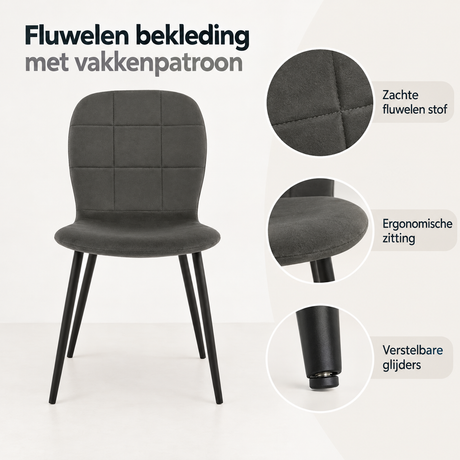 Detail van materiaal en afwerking van fluwelen eetkamerstoelen set van 4