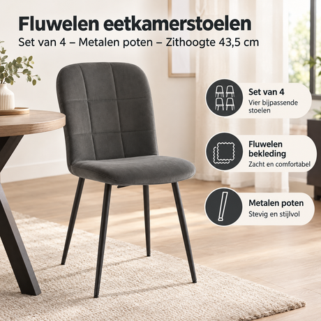 Praktische toepassing en keuzehulp voor fluwelen eetkamerstoelen set van 4