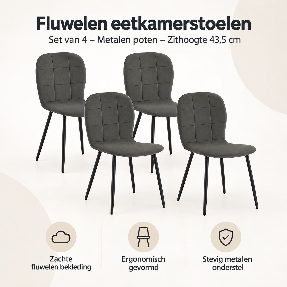 Overzicht van fluwelen eetkamerstoelen set van 4 met de belangrijkste productvoordelen
