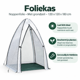 BukkitBow foliekas met noppenfolie en grondzeil, afmetingen 120x120x180 cm, geschikt voor tuinplanten en kweek.