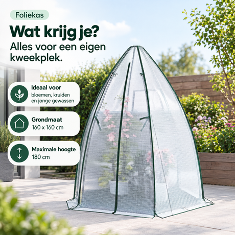 BukkitBow foliekas met grondzeil, 160x160x180 cm, ritsdeur en raam voor tuinieren en plantverzorging.
