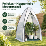 BukkitBow foliekas met grondzeil, 120x120x180 cm, gebruikt voor tuinieren en plantenkweek, met noppenfolie voor isolatie