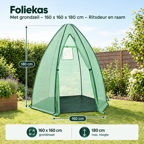 Foliekas van BukkitBow met grondzeil, ritsdeur en raam, afmeting 160x160x180 cm voor tuinplanten en gewassen.