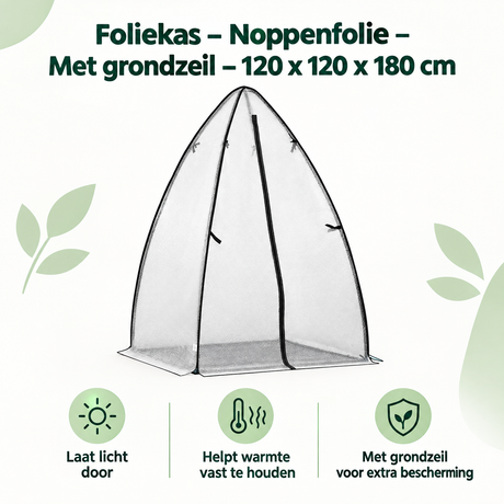 Foliekas van BukkitBow met grondzeil, 120x120x180 cm, overzicht van kernvoordelen en duurzame noppenfolie voor tuingebruik.