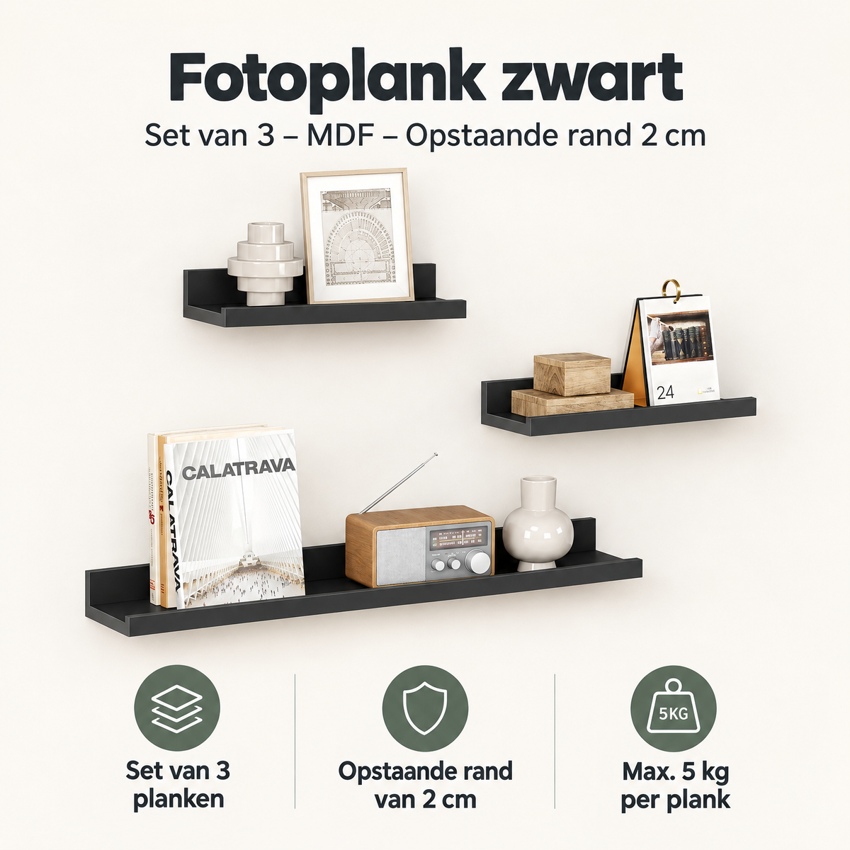 Overzicht van fotoplank zwart met de belangrijkste productvoordelen