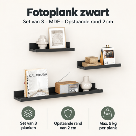 Overzicht van fotoplank zwart met de belangrijkste productvoordelen
