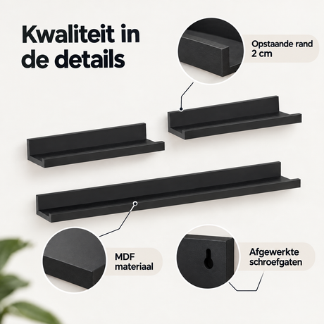 Detail van materiaal en afwerking van fotoplanken zwart