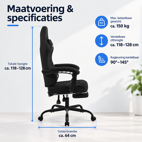 Afmetingen en productspecificaties van gamestoel met massagekussen