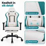 Detail van materiaal en afwerking van gamestoel met voetensteun