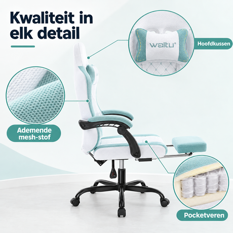 Detail van materiaal en afwerking van gamestoel met voetensteun