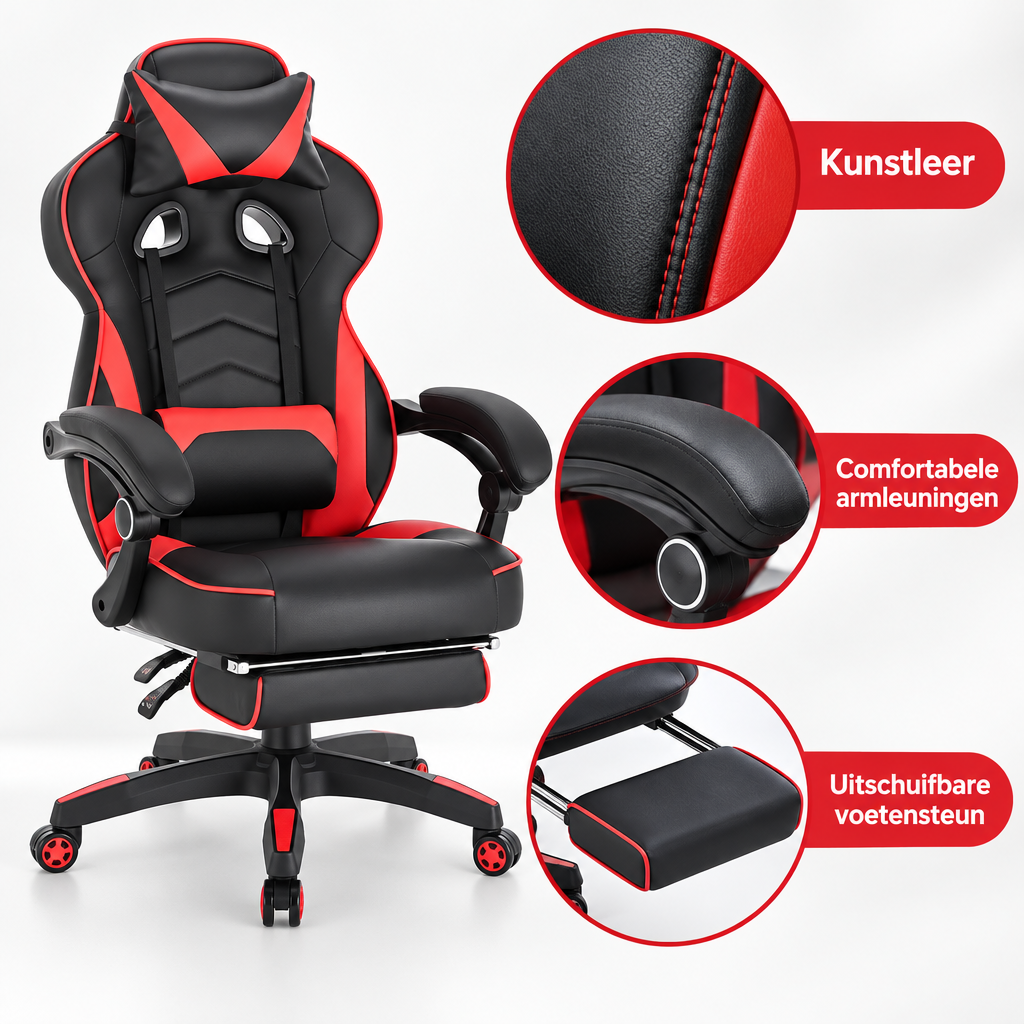 Detail van materiaal en afwerking van gamestoel met voetensteun