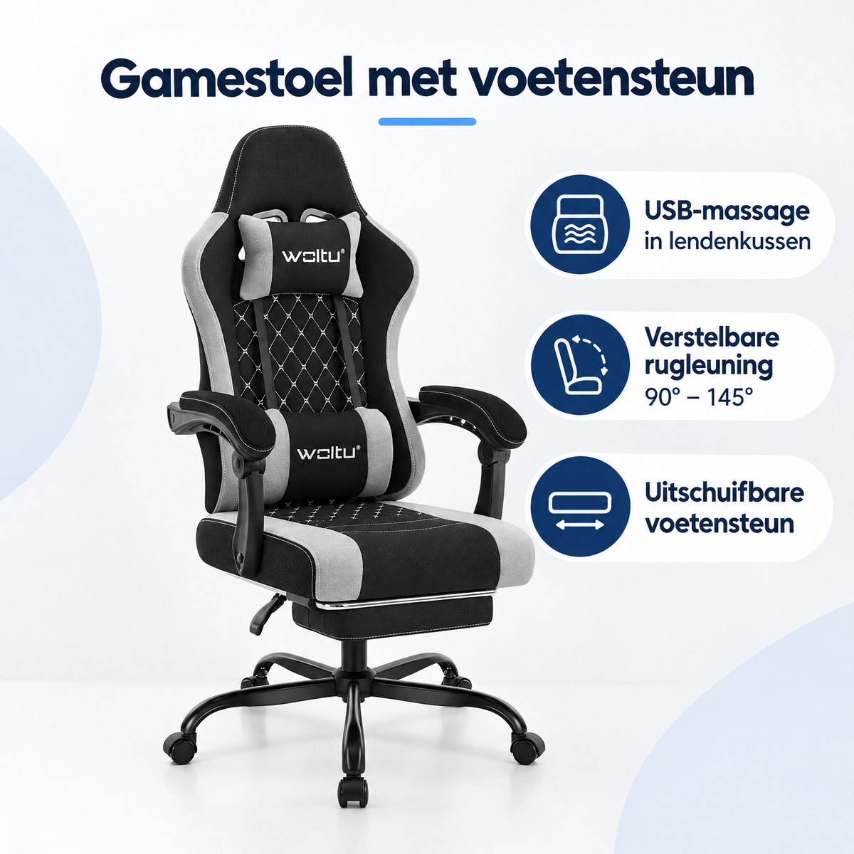 Overzicht van gamestoel met voetensteun met de belangrijkste productvoordelen