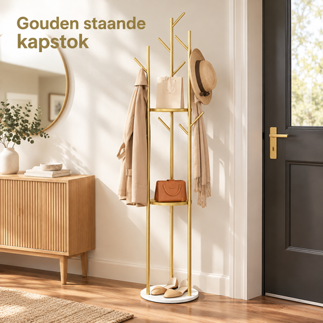 Gouden staande kapstok van BukkitBow met 9 haken, 3 planken en marmeren voet, geschikt voor hal of entree.