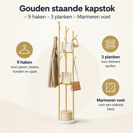 Gouden staande kapstok van BukkitBow met 9 haken, 3 planken en marmeren voet, ideaal voor entree of hal.