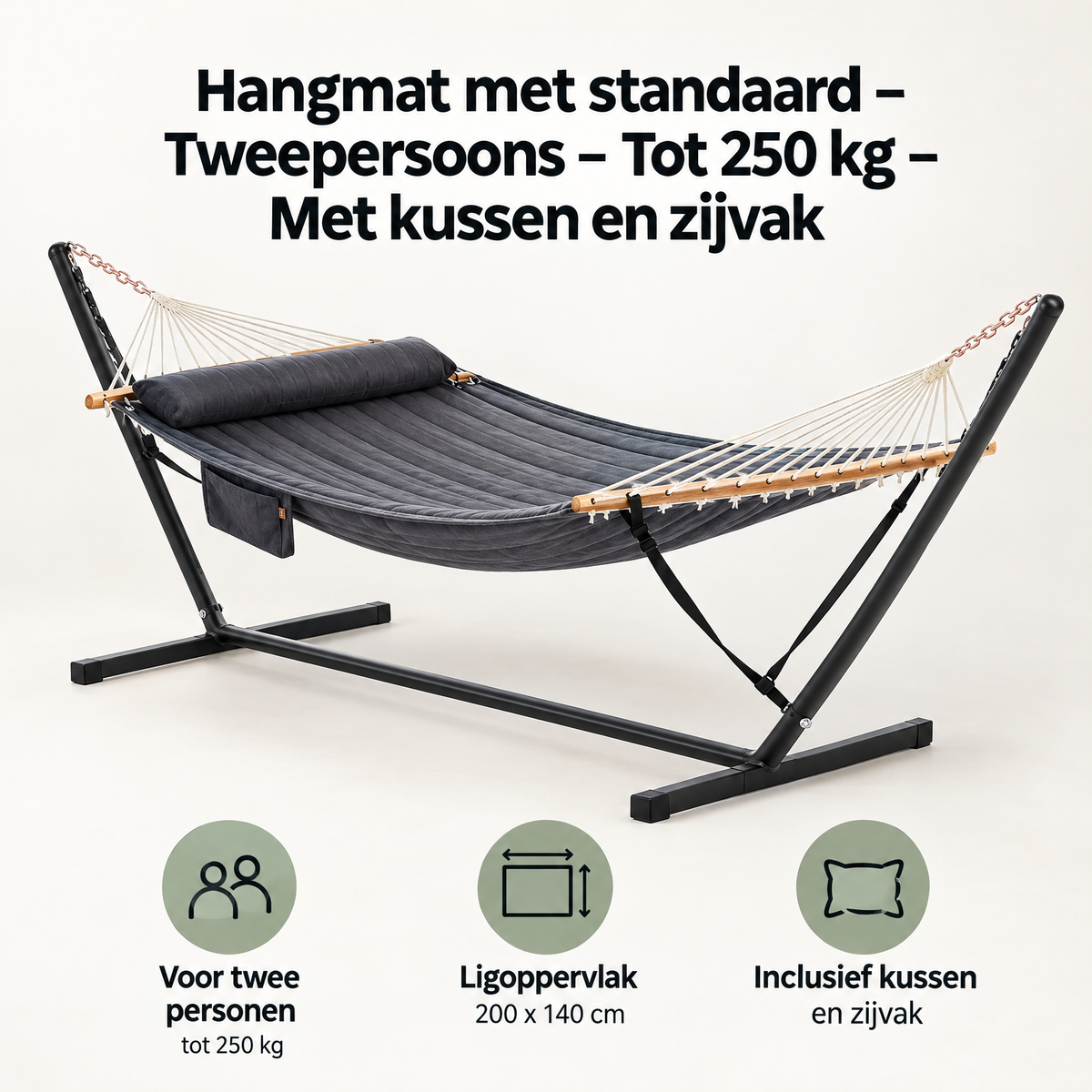 Overzicht van hangmat met standaard met de belangrijkste productvoordelen