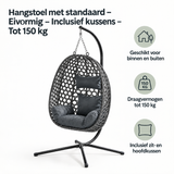 Eivormige hangstoel met standaard en kussens van BukkitBow, geschikt tot 150 kg, comfortabel en stijlvol voor buiten of binnen.