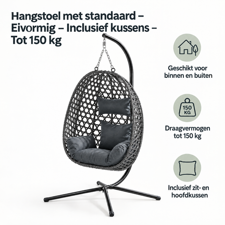 Eivormige hangstoel met standaard en kussens van BukkitBow, geschikt tot 150 kg, comfortabel en stijlvol voor buiten of binnen.