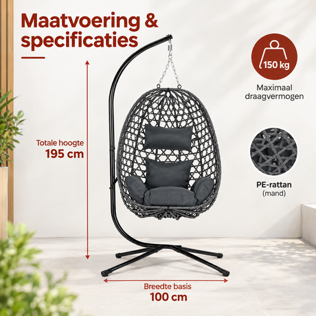 Eivormige hangstoel met standaard van BukkitBow, inclusief kussens, geschikt tot 150 kg, zichtbaar in de afbeelding.