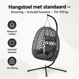 Eivormige hangstoel met standaard en kussens van BukkitBow, geschikt tot 150 kg, zichtbaar in overzichtsfoto