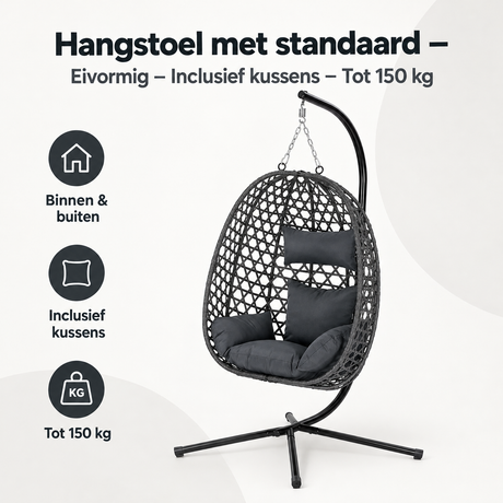 Eivormige hangstoel met standaard en kussens van BukkitBow, geschikt tot 150 kg, zichtbaar in overzichtsfoto