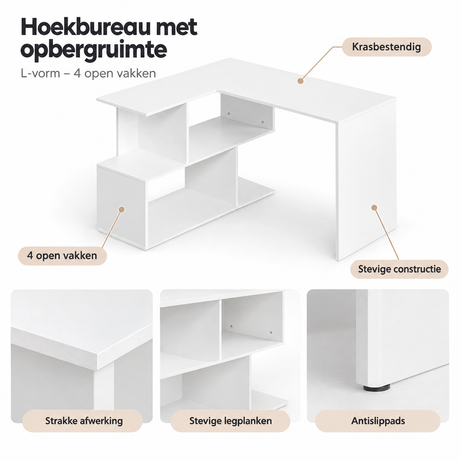 Detail van materiaal en afwerking van hoekbureau met opbergruimte
