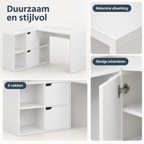 Detail van materiaal en afwerking van hoekbureau met opbergruimte