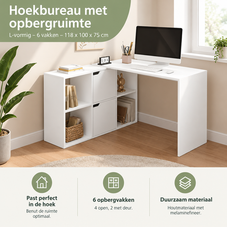 Praktische toepassing en keuzehulp voor hoekbureau met opbergruimte