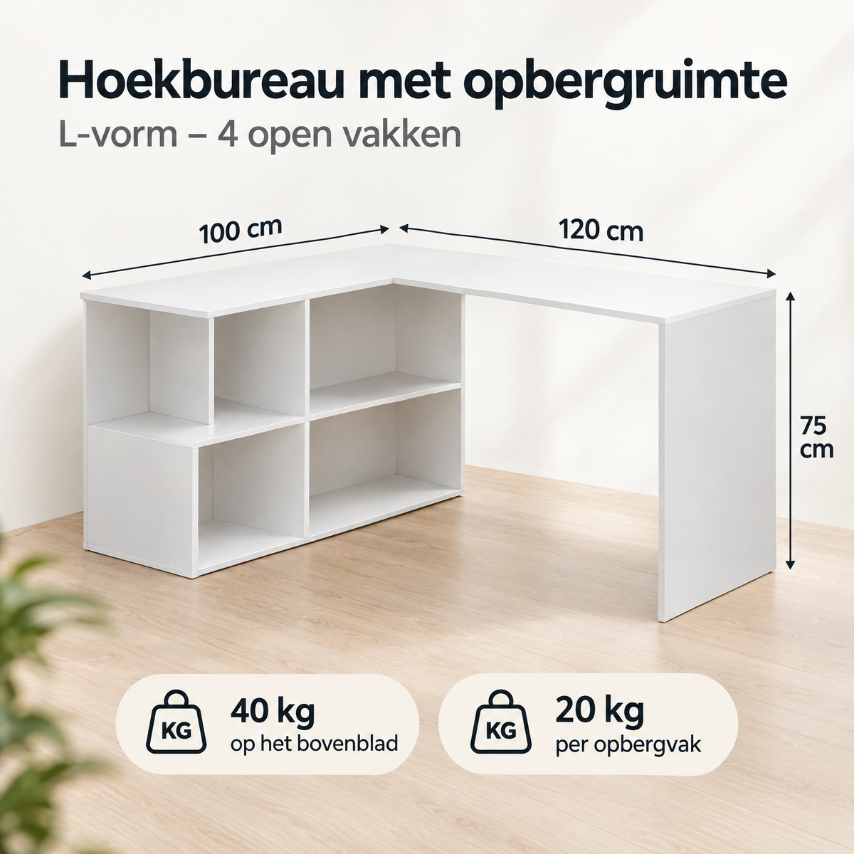 Afmetingen en productspecificaties van hoekbureau met opbergruimte