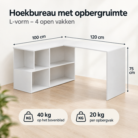 Afmetingen en productspecificaties van hoekbureau met opbergruimte