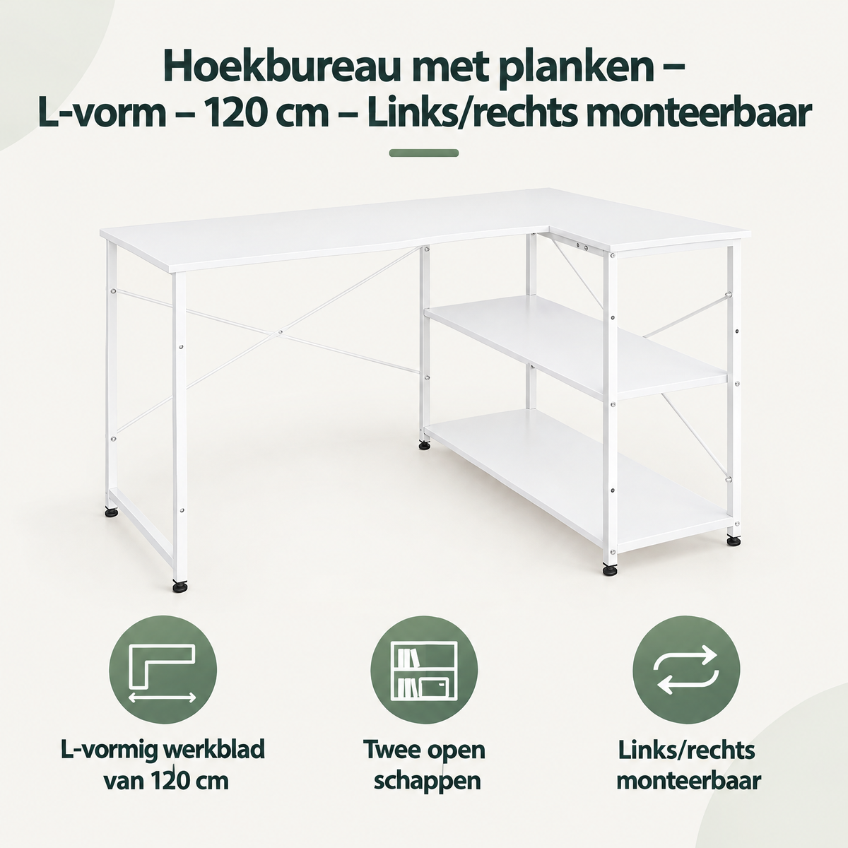 Overzicht van hoekbureau met planken met de belangrijkste productvoordelen