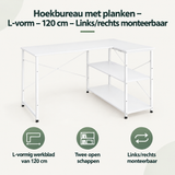 Overzicht van hoekbureau met planken met de belangrijkste productvoordelen