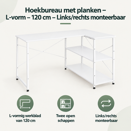 Overzicht van hoekbureau met planken met de belangrijkste productvoordelen