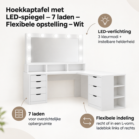 Belangrijkste voordelen en eigenschappen van hoekkaptafel met LED-spiegel