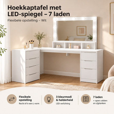 Praktische toepassing en keuzehulp voor hoekkaptafel met LED-spiegel