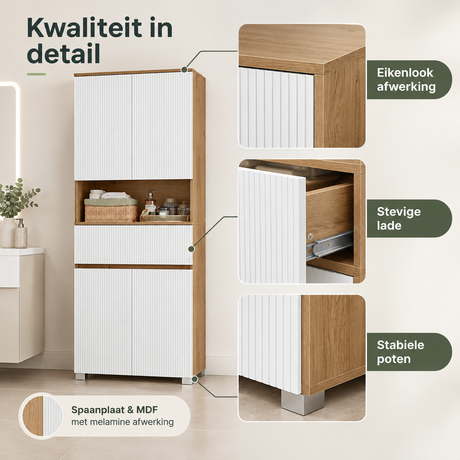 Hoge badkamerkast van BukkitBow met 4 deuren en lade, wit en eikenlook, 70 cm breed, gedetailleerd zichtbaar in de afbeelding.