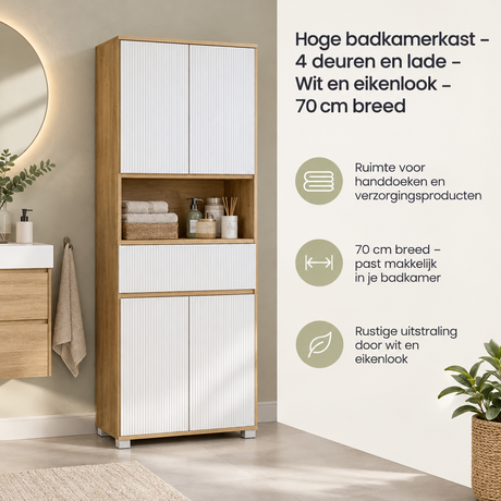 Hoge badkamerkast van BukkitBow met 4 deuren en lade, wit en eikenlook, 70 cm breed, praktisch en ruimtebesparend design