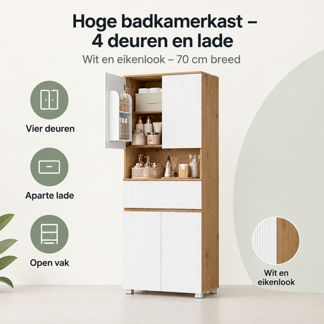 Hoge badkamerkast van BukkitBow met 4 deuren en lade, wit en eikenlook, breedte 70 cm, voor opbergoplossingen.