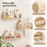Detail van materiaal en afwerking van houten boekenplank kinderkamer