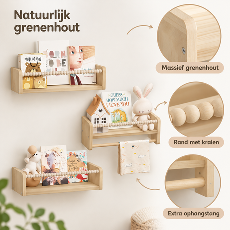 Detail van materiaal en afwerking van houten boekenplank kinderkamer
