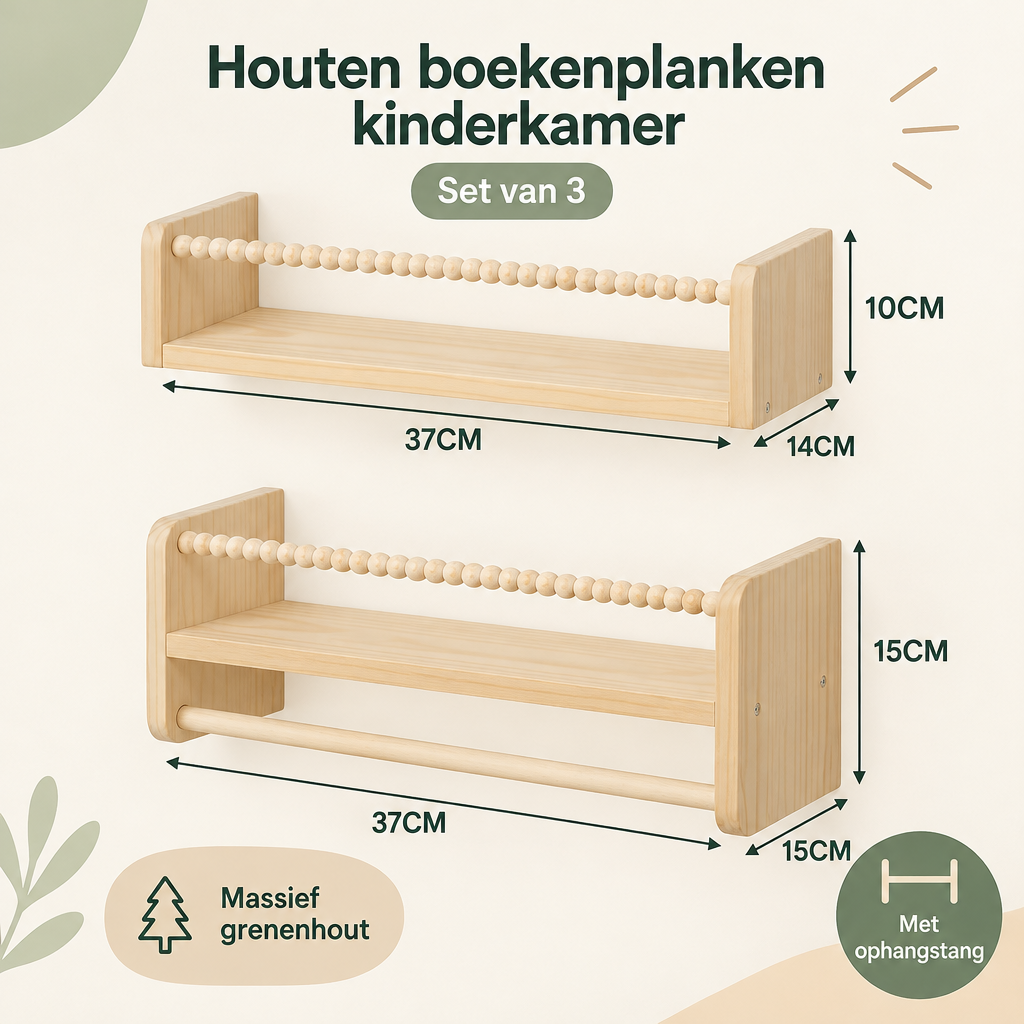Afmetingen en productspecificaties van houten boekenplank kinderkamer