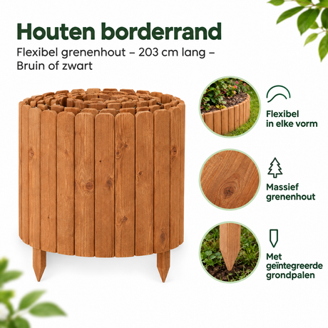 Flexibele houten border rand van BukkitBow, 203 cm lang in bruin of zwart, geschikt als gazonrand van grenenhout