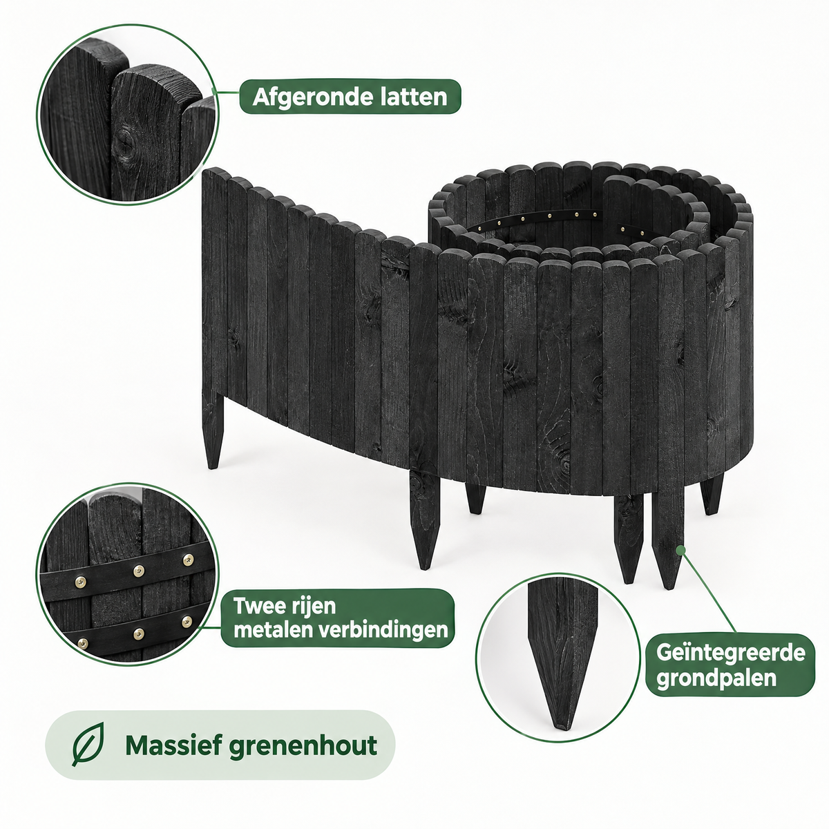 Flexibele houten gazonrand van grenenhout, 203 cm lang, in bruin of zwart, ideaal voor tuinafscheidingen en borders.