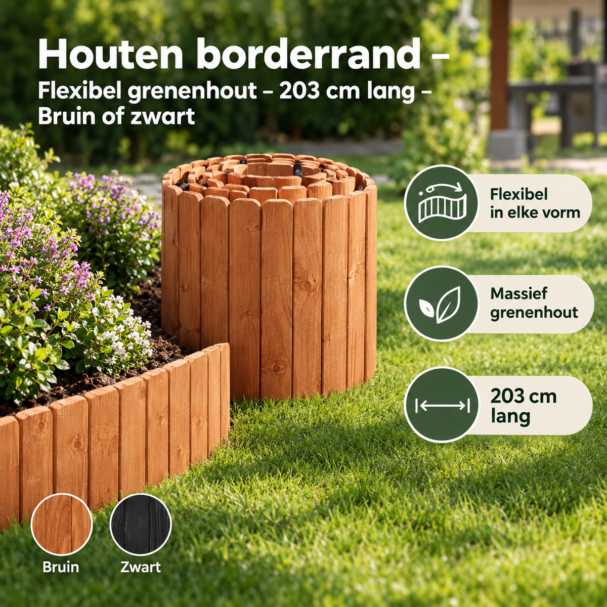 Flexibele houten borderrand van BukkitBow, 203 cm lang, gemaakt van grenenhout in bruin of zwart voor gazonafscheiding.