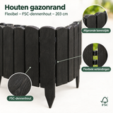 Flexibele houten gazonrand van FSC-dennenhout, 203 cm lang, voor een nette afscheiding van het gazon.