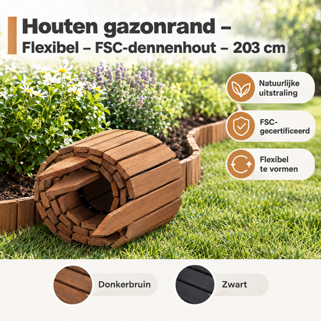 Flexibele houten gazonrand van FSC-dennenhout, 203 cm lang, ideaal voor het afbakenen van gazons en tuinranden.