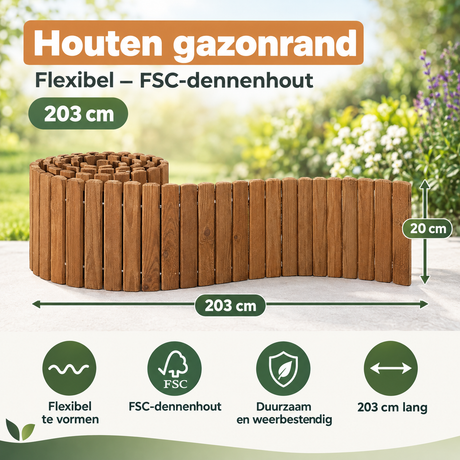 Flexibele houten gazonrand van FSC-dennenhout, 203 cm lang, geschikt voor het afbakenen van gazons en tuinen.