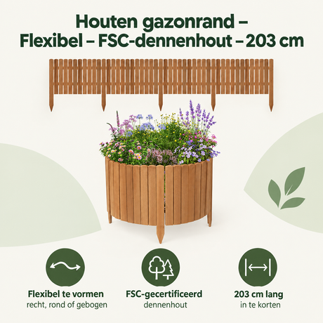 Flexibele houten gazonrand van FSC-dennenhout, 203 cm breed, geschikt voor het afbakenen van gazons en tuinpaden.