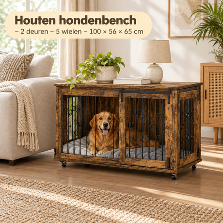 Houten hondenbench van BukkitBow met 2 deuren, 5 wielen en afmetingen 100x56x65 cm, geschikt voor huisdieren.