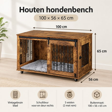 Houten hondenbench van BukkitBow met 2 deuren, 5 wielen en afmetingen 100x56x65 cm, geschikt voor huisdieren.